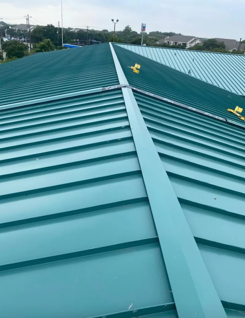 Green commercial metal roof ridge and valley for Metal Roof Repair in California